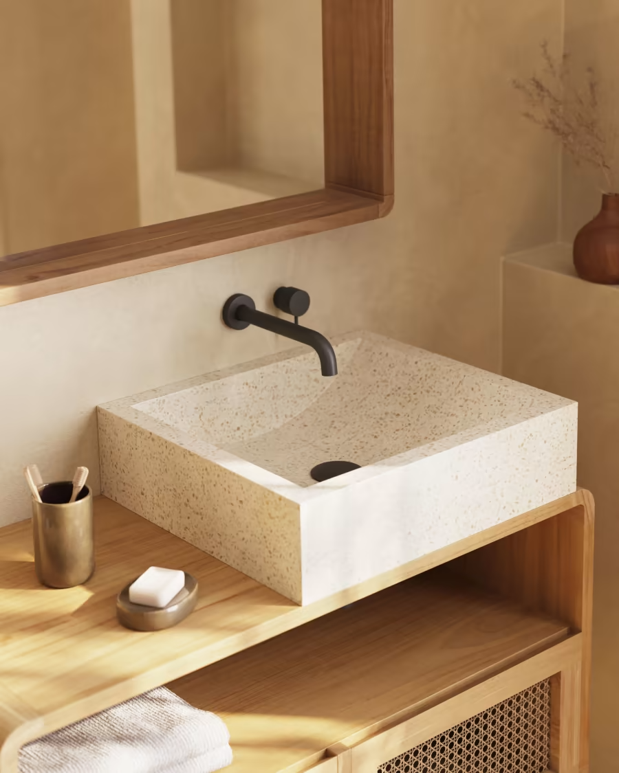 Kave Home Delina countertop washbasin in white terrazzo40 x 45 cm chipped on top