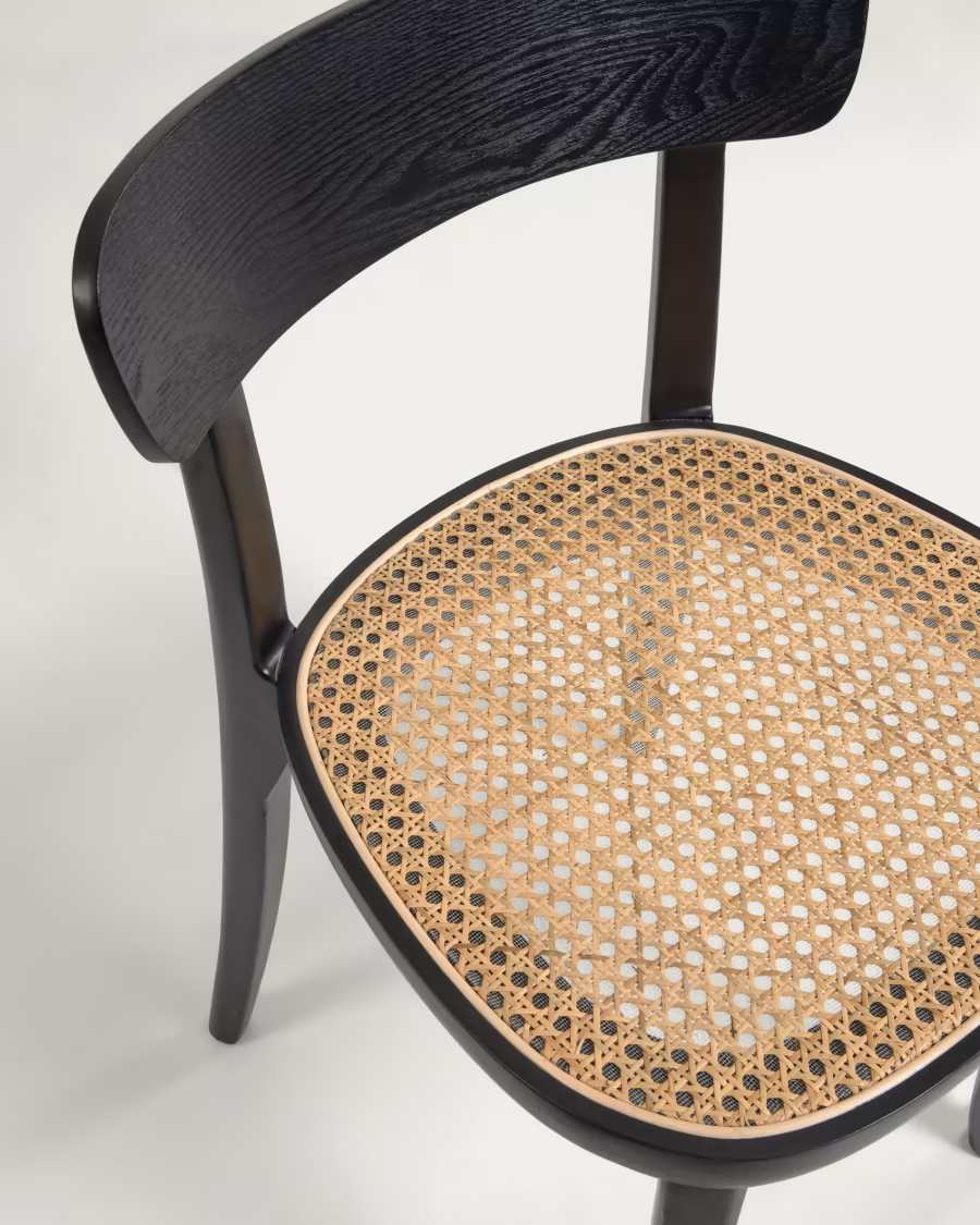 Kave Home Romane chair in solid beech with black finish, ash veneer and rattan