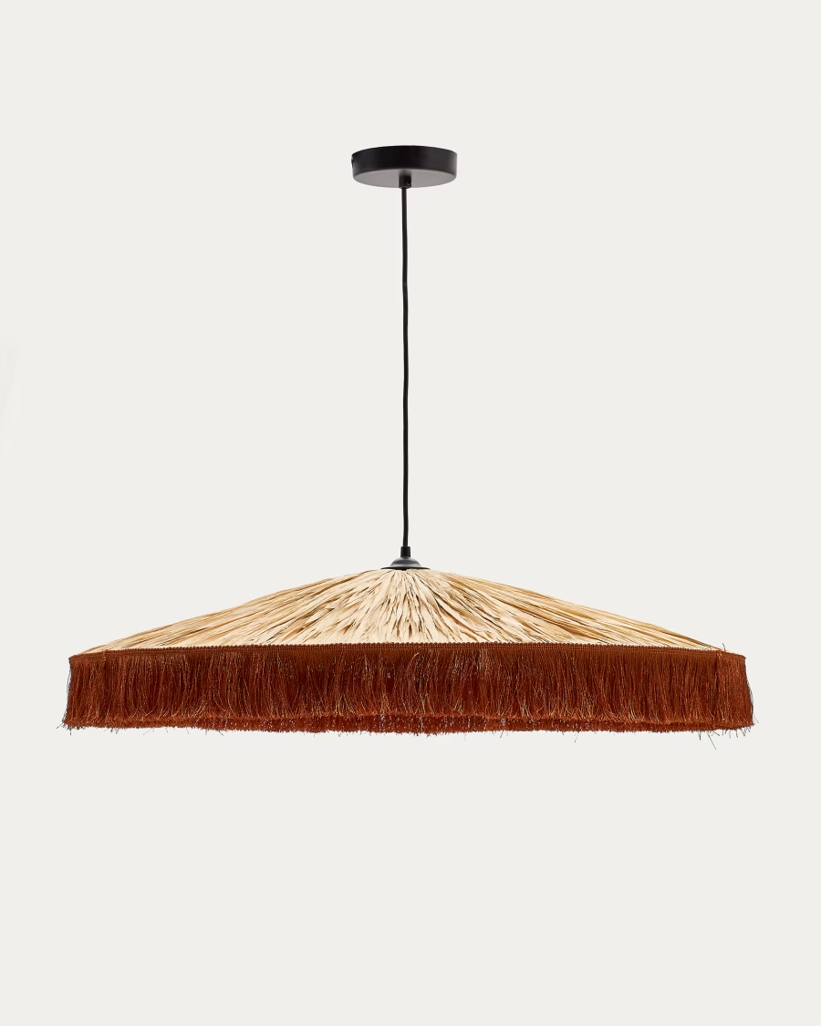 Kave Home Pollensa ceiling lamp in natural raffia and terracotta fringes