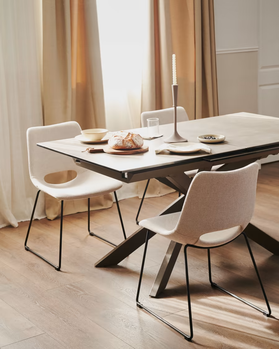 Kave Home Atminda extendable table, porcelain and steel legs with a brown finish