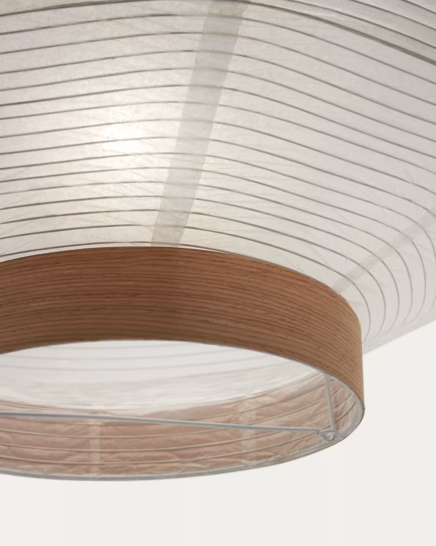 Kave home Hila ceiling lamp in white paper with natural wood veneer Ø 55 c