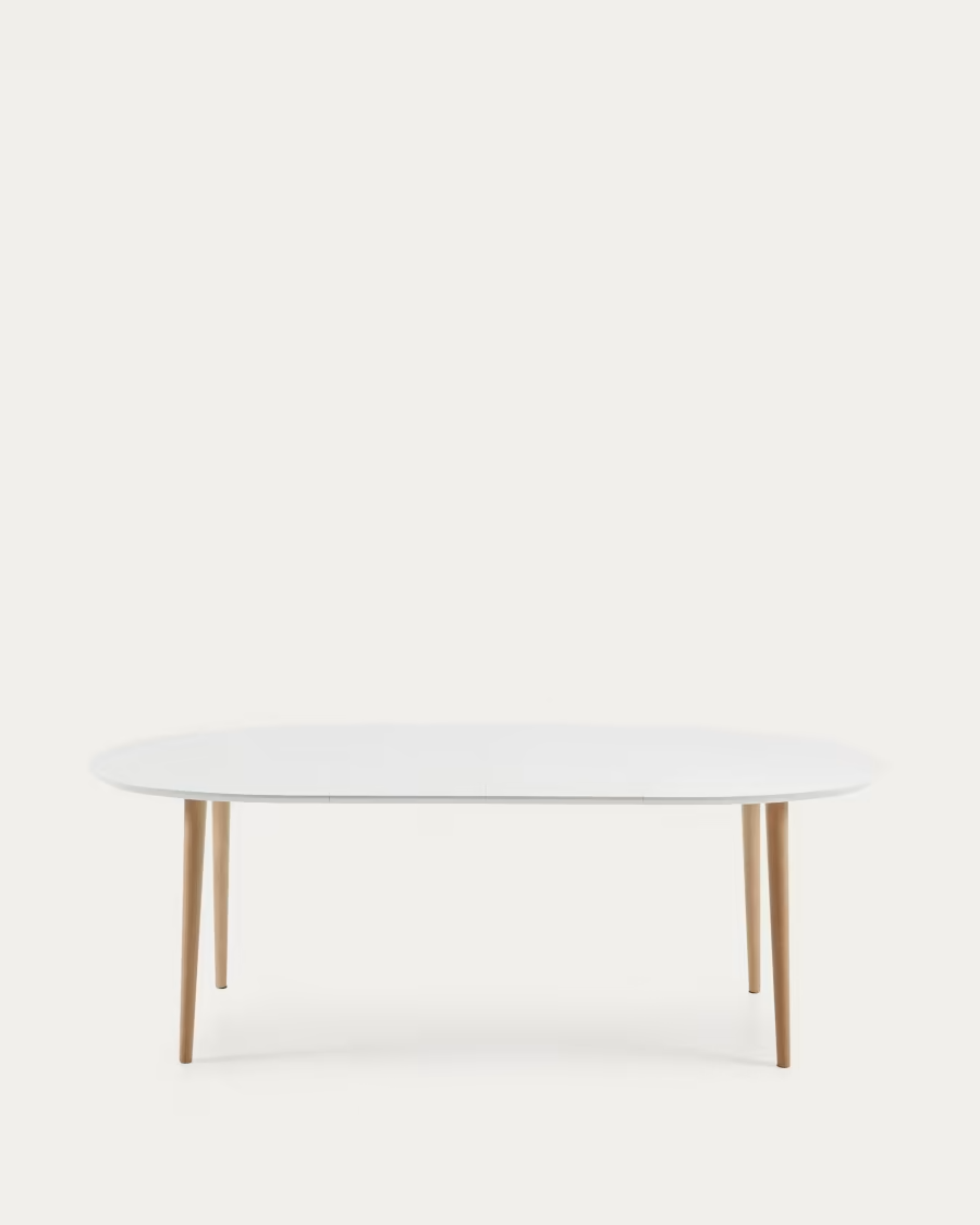 Kave Home Oqui oval extendable MDF table with white lacquer and solid beech legs