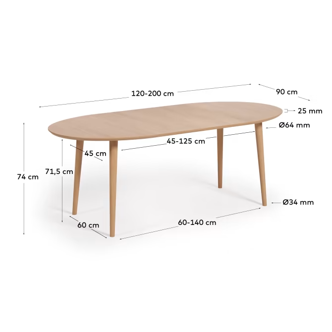 Kave Home Oqui extendable oval table with oak veneer and solid wood legs, Ø120