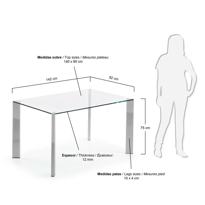 Kave Home Spot glass table with chrome finished steel legs, 142 x 92 cm