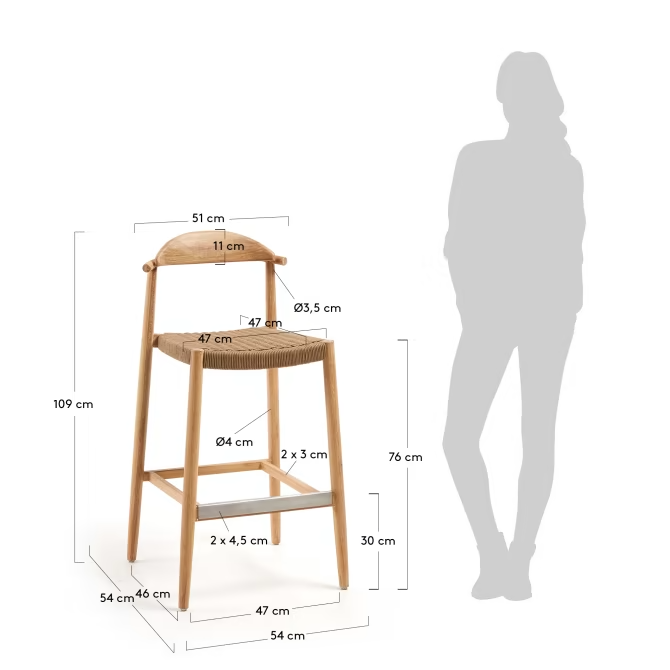 Kave Home 2 x Nina stool in solid acacia wood, height 76 cm