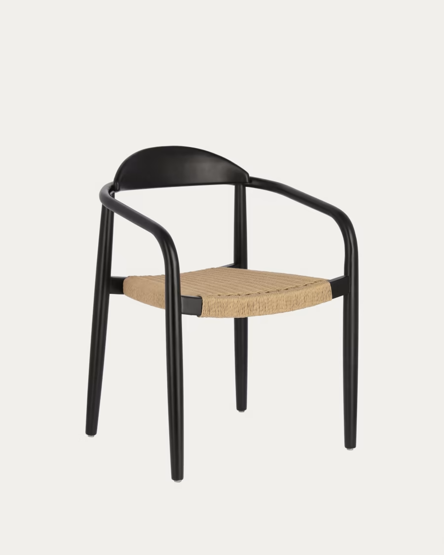 Kave Home Nina stackable chair in solid acacia wood with black finish and beige