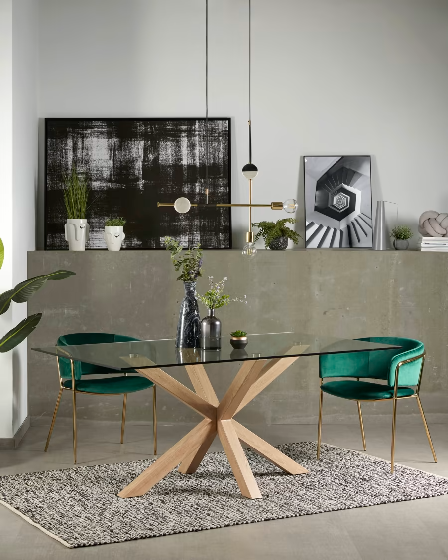 Kave Home Argo glass table with steel legs with wood-effect finish 160 x 90 cm