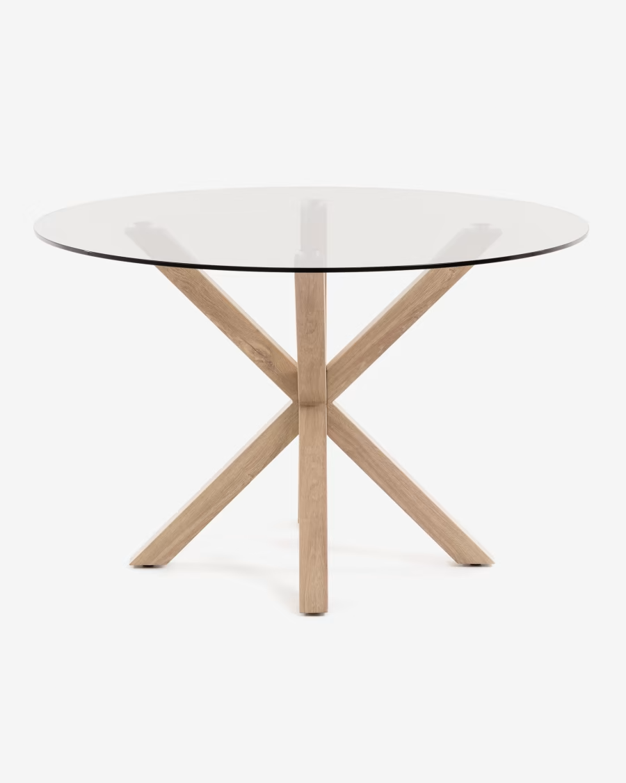 Kave Home Argo round glass table with steel legs - wood-effect finish Ø 119 cm