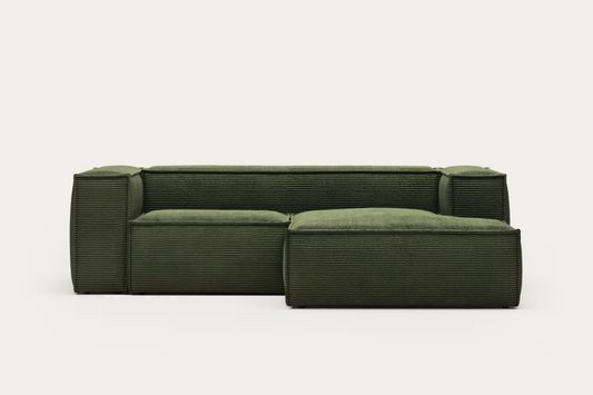 Kave Home Blok 2 seater sofa with right side chaise longue in green corduroy