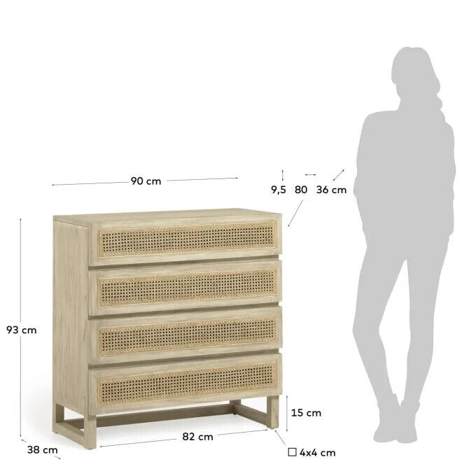 Kave Home Rexit solid wood and veneer chest of 4 drawers with rattan 90 x 93 cm