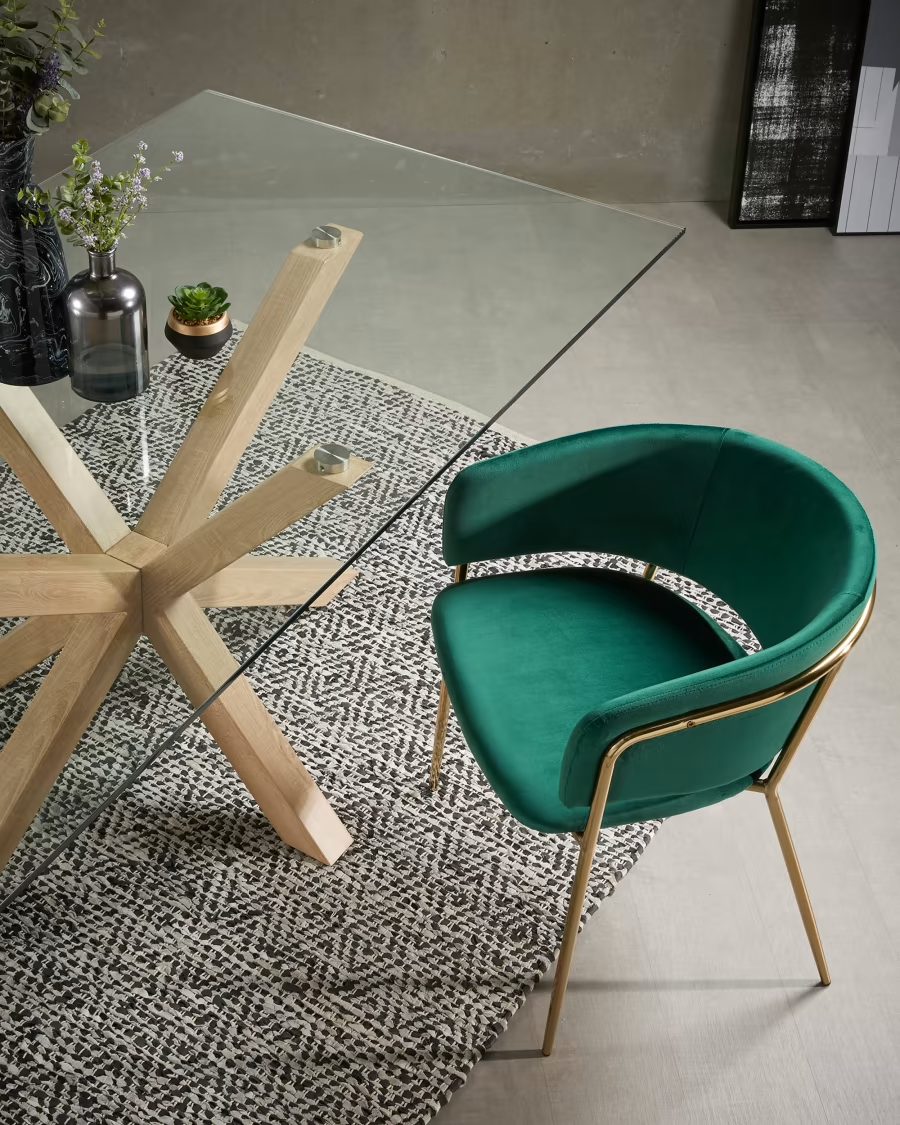 Kave Home Argo glass table with steel legs with wood-effect finish 160 x 90 cm