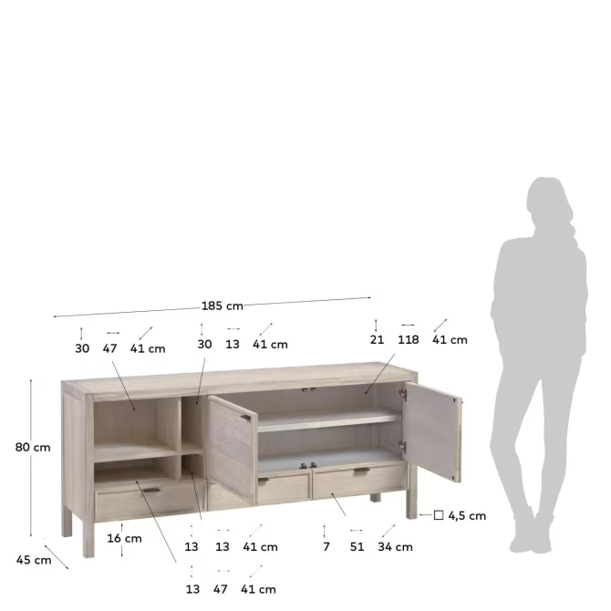 Kave Home Alen solid acacia wood sideboard with 2 doors & 3 drawers, 185 x 80 cm