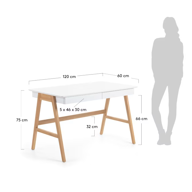 Kave Home Dyana desk in MDF with white lacquer and solid ash wood legs, 120 x 60