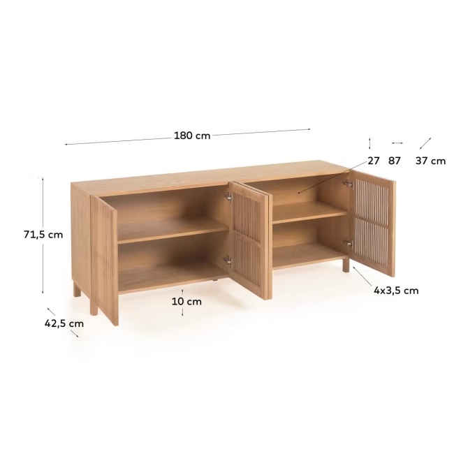 Kave Home Beyla solid oak and oak veneer 4 door sideboard 180 x 71.5 cm