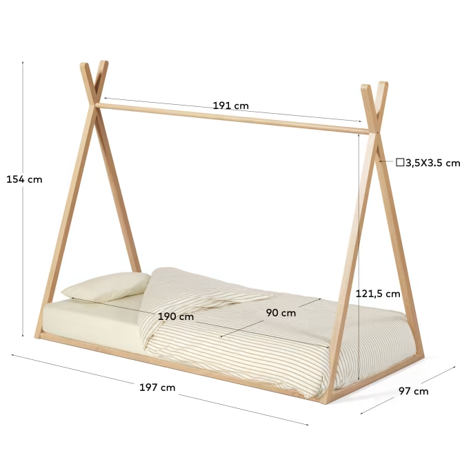 Kave Home Maralis teepee bed made of solid beech wood with a natural finish, for