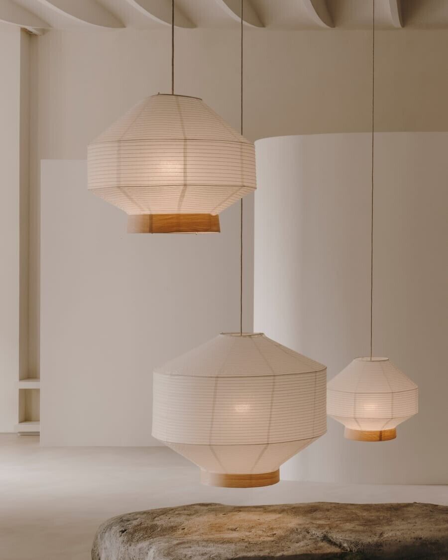 Kave home Hila ceiling lamp in white paper with natural wood veneer Ø 55 c