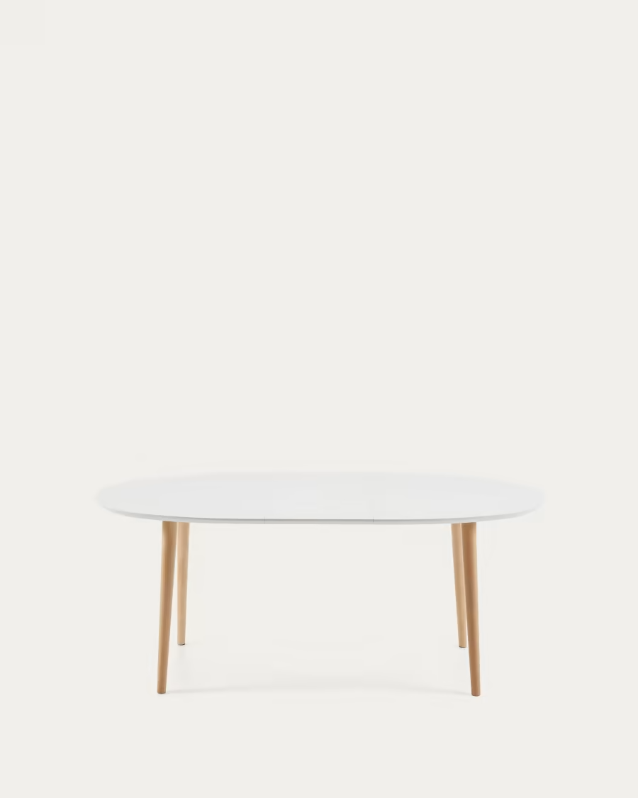 Kave Home Oqui oval extendable MDF table with white lacquer and solid beech legs