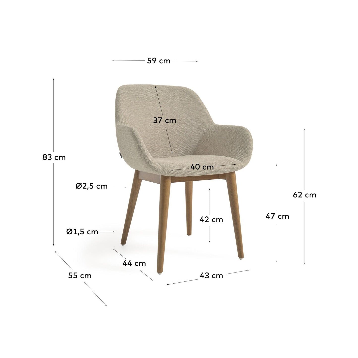 Kave Home 2 x Konna chair in beige with solid ash wood legs in a dark finish