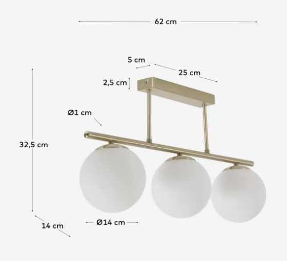 Kave Home Mahala Ceiling Light with Brass Finish and 3 Frosted Glass Spheres