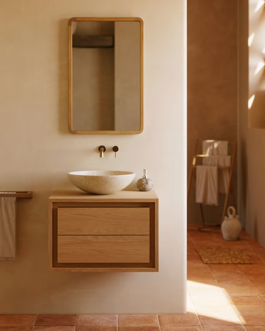 Kave Home Kenta bathroom furniture in solid teak wood with a natural finish, 60