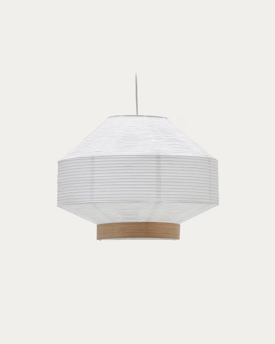 Kave home Hila ceiling lamp in white paper with natural wood veneer Ø 55 c