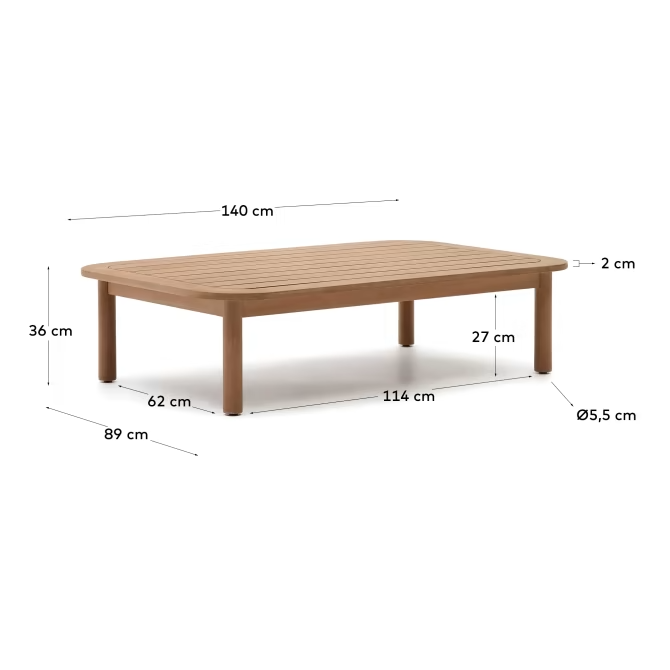 Kave Home Sacova solid eucalyptus wood coffee table, 100% outdoor suitable 140 x