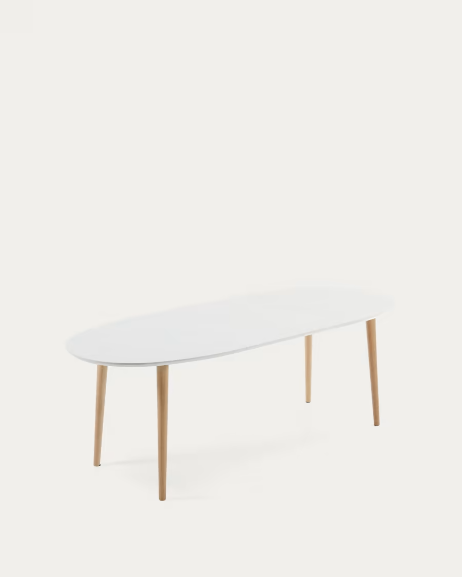 Kave Home Oqui oval extendable MDF table with white lacquer and solid beech legs