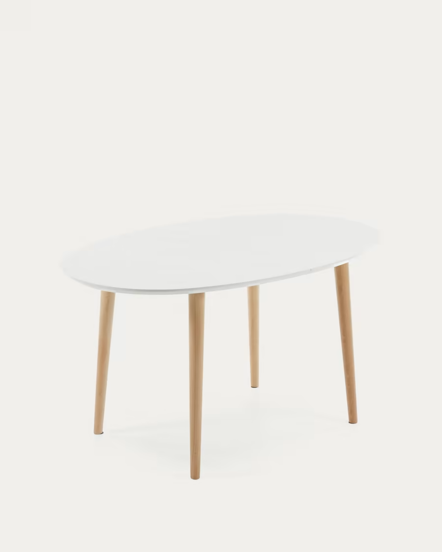 Kave Home Oqui oval extendable MDF table with white lacquer and solid beech legs