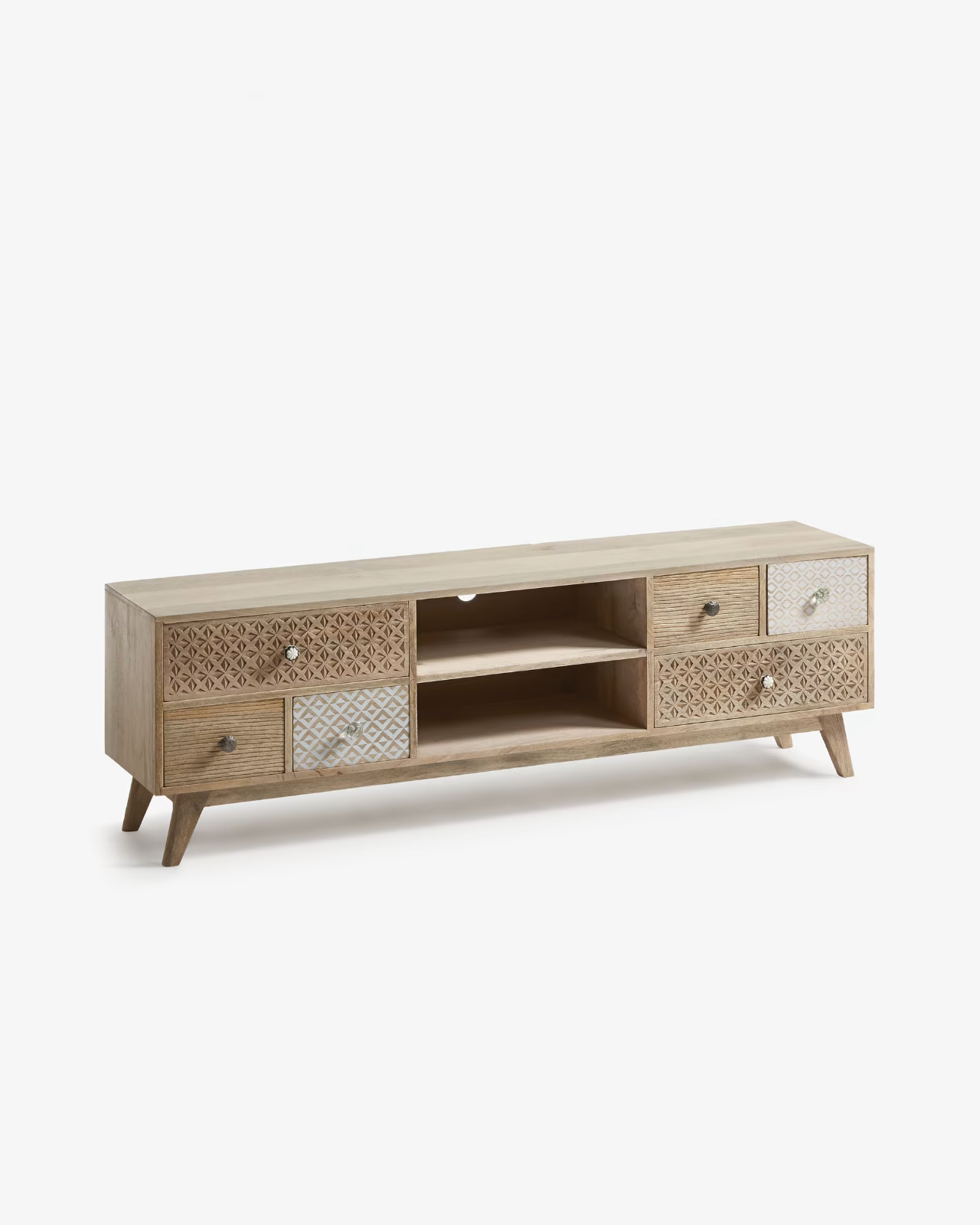 Kave Home Hoob solid mango wood TV stand with 6 drawers, 160 x 51 cm