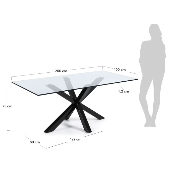 Kave Home Argo glass table with steel legs with black finish 200 x 100 cm