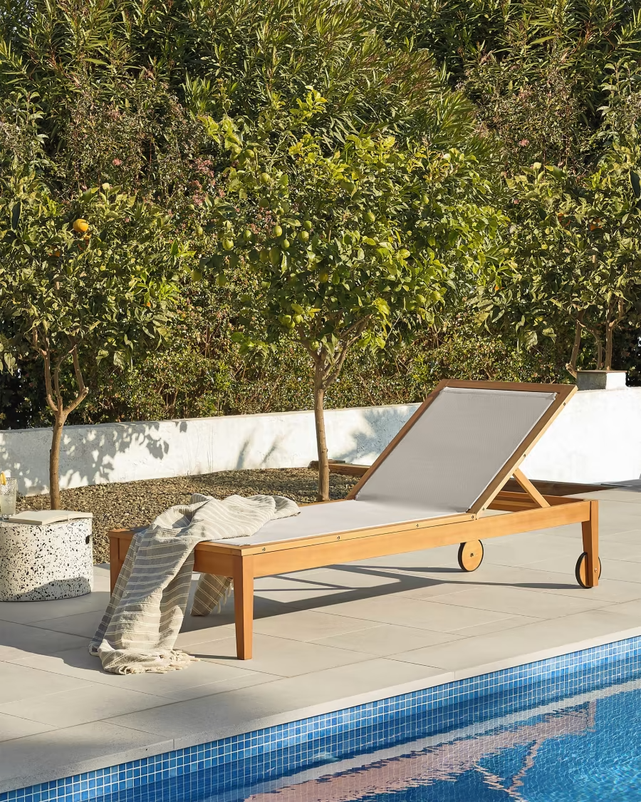 Kave Home Caterin solid eucalyptus wood outdoor sun lounger in beige