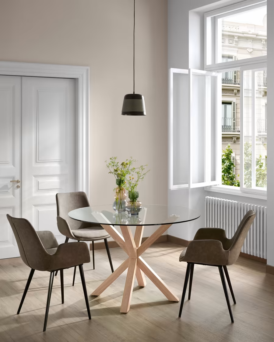 Kave Home Argo round glass table with steel legs - wood-effect finish Ø 119 cm