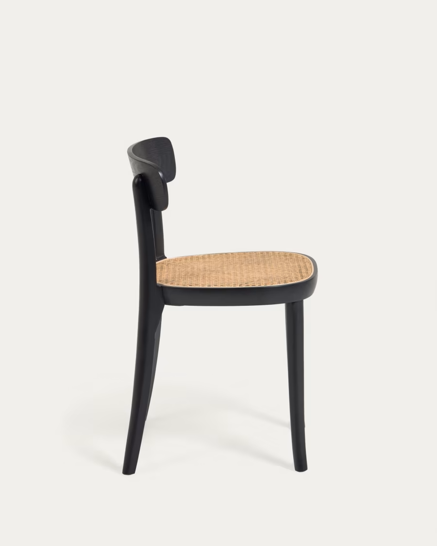 Kave Home Romane chair in solid beech with black finish, ash veneer and rattan