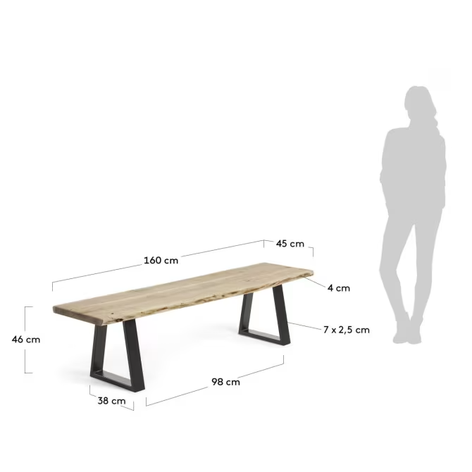 Kave Home Alaia bench in solid acacia wood with black steel legs, 160 cm