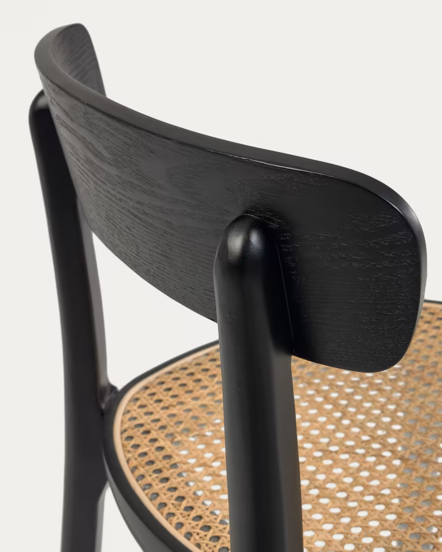 Kave Home Romane chair in solid beech with black finish, ash veneer and rattan