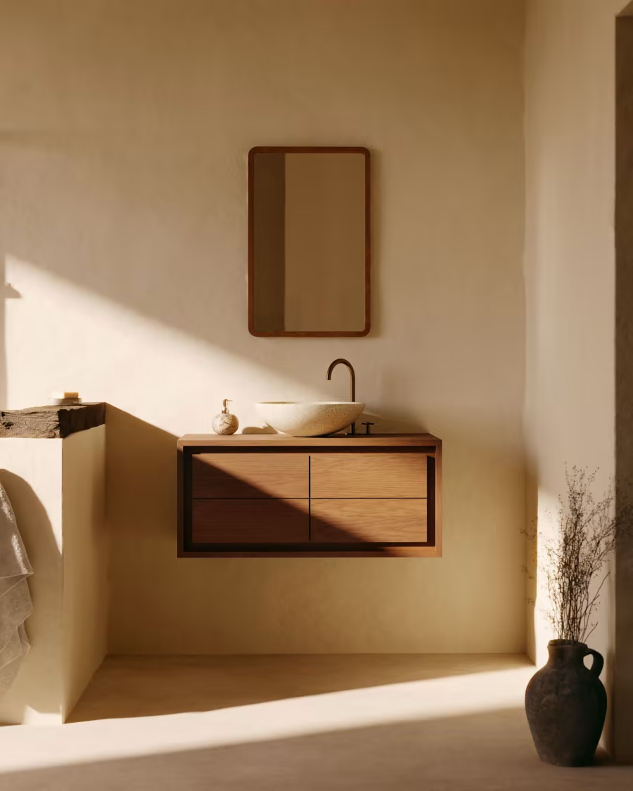 Kave Home Kenta bathroom furniture in solid teak wood with a walnut finish, 90 x