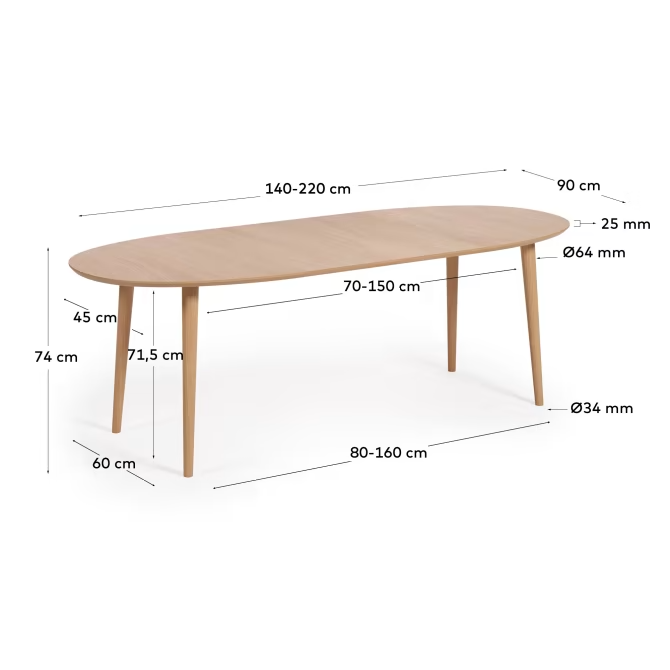 Kave Home Oqui extendable oval table with an oak veneer and solid wood legs, Ø 1