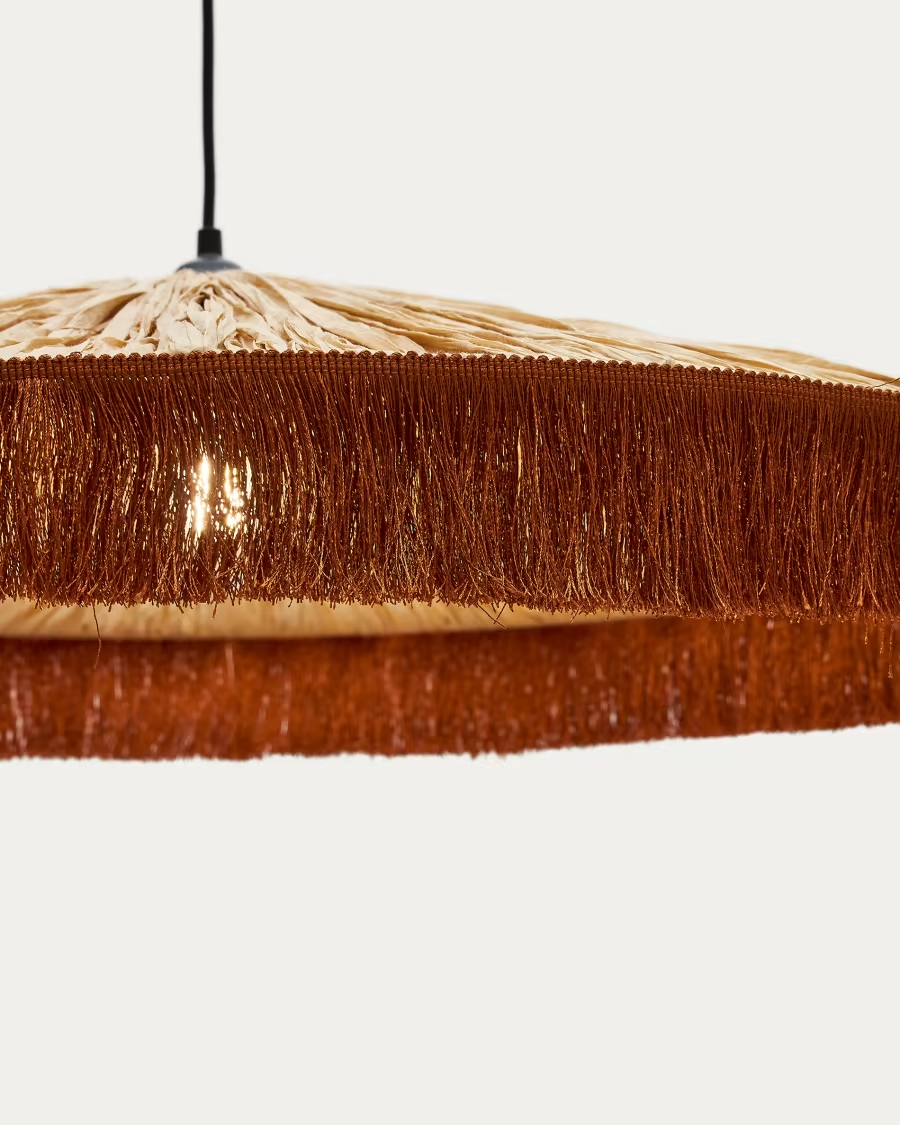 Kave Home Pollensa ceiling lamp in natural raffia and terracotta fringes