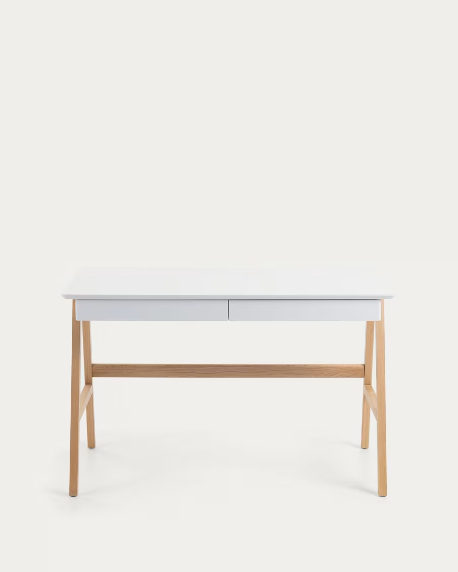 Kave Home Dyana desk in MDF with white lacquer and solid ash wood legs, 120 x 60