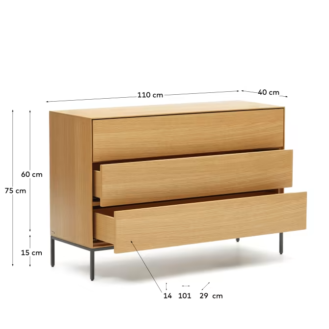 Kave Home Vedrana 3 drawer chest of drawers in oak veneer with black steel legs,