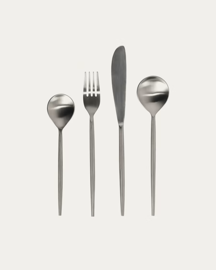 Kave Home Crisps rounded handle 16-piece silvery cutlery set