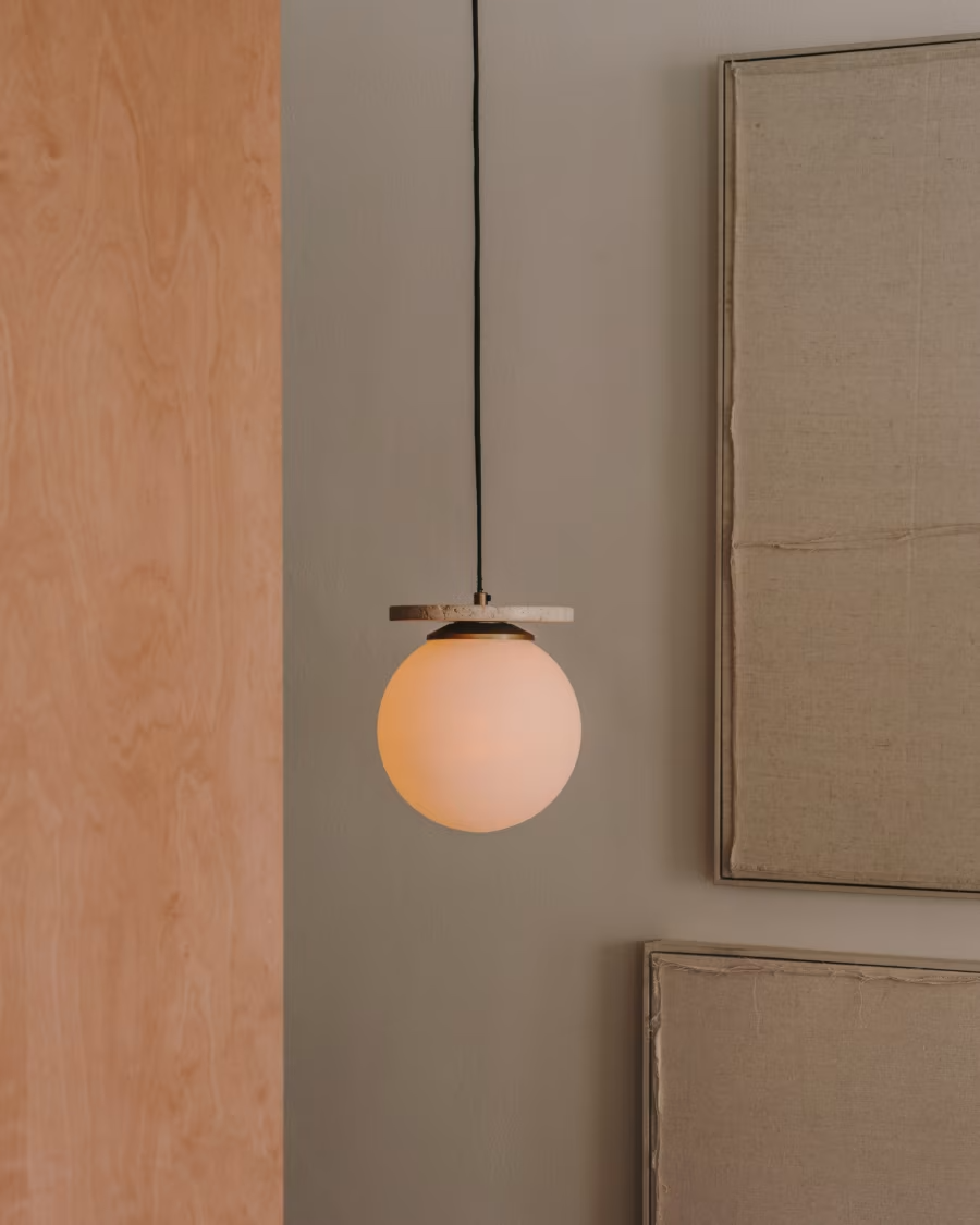 Kave Home Malachi ceiling lamp with glazed glass and travertine stone