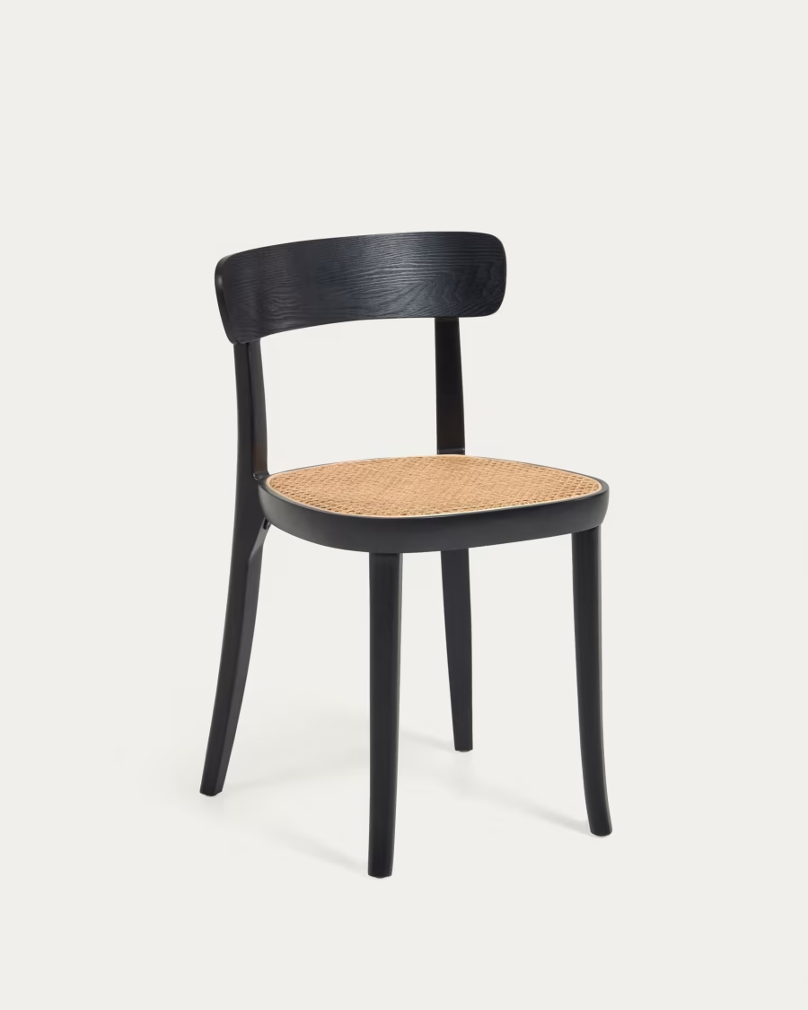 Kave Home Romane chair in solid beech with black finish, ash veneer and rattan