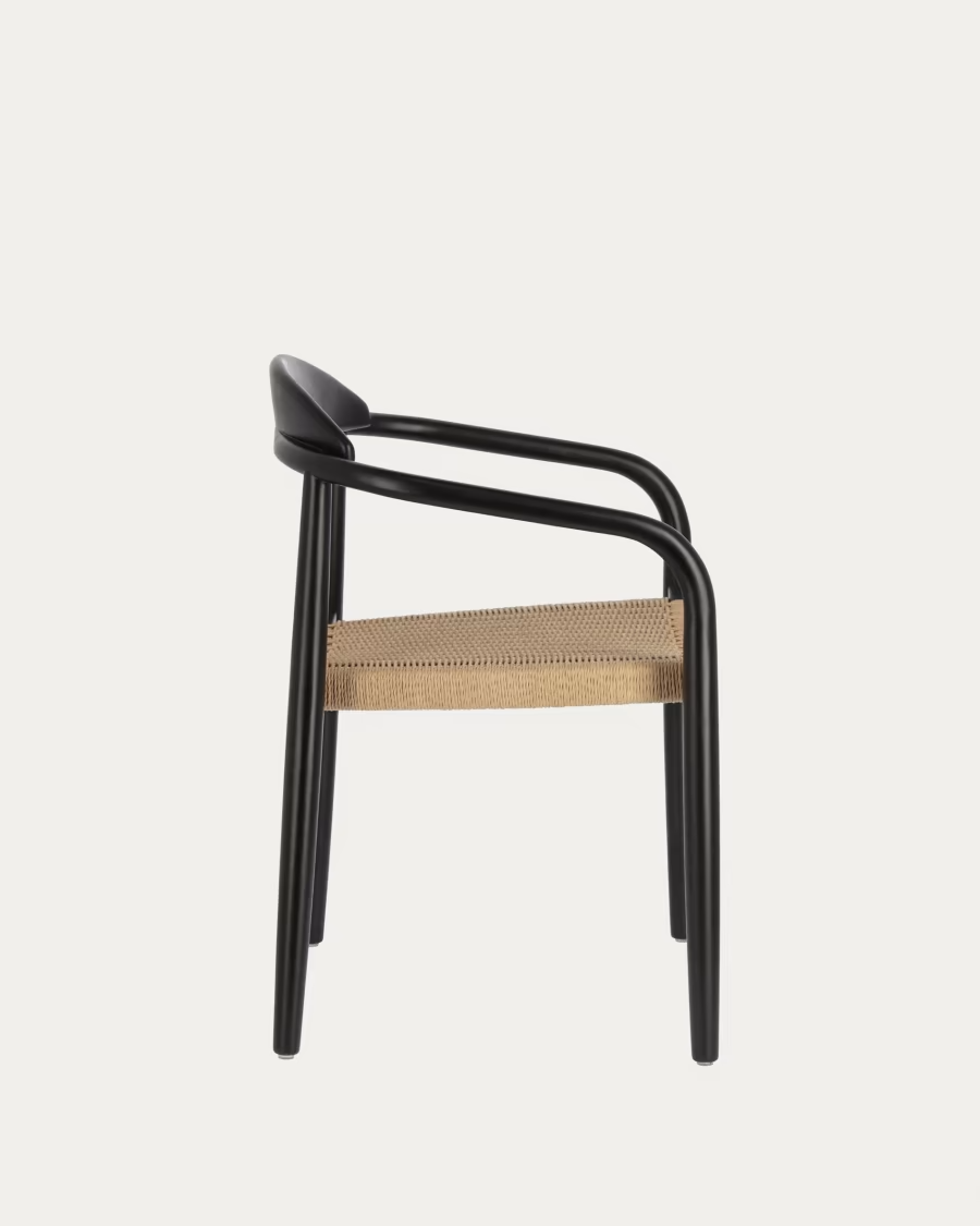 Kave Home Nina stackable chair in solid acacia wood with black finish and beige