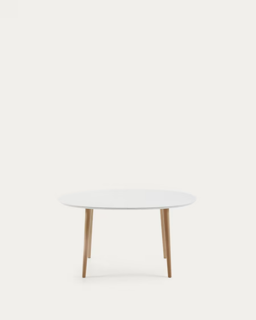 Kave Home Oqui oval extendable MDF table with white lacquer and solid beech legs