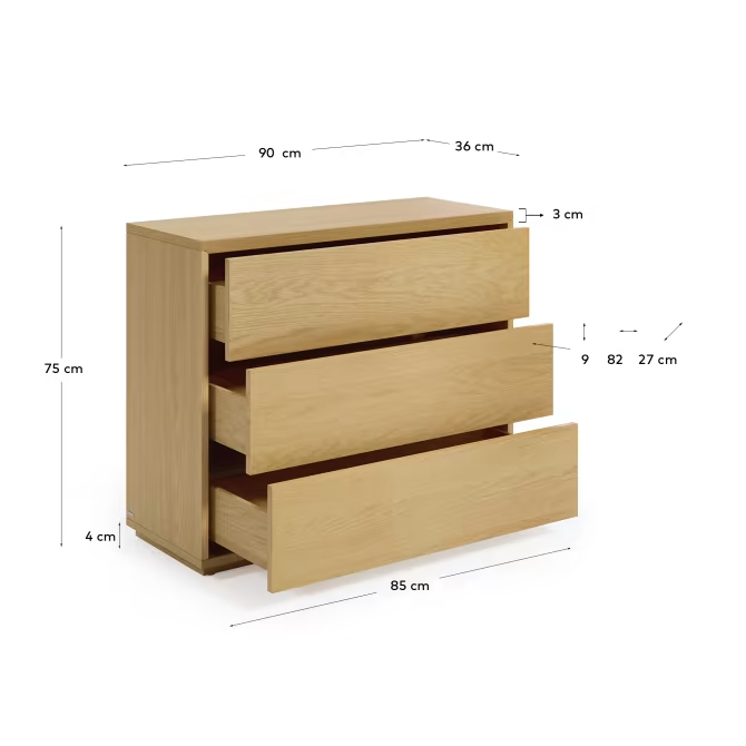 Kave Home Abilen 3-drawer oak veneer chest of drawers, 90 x 75 cm, FSC certifie