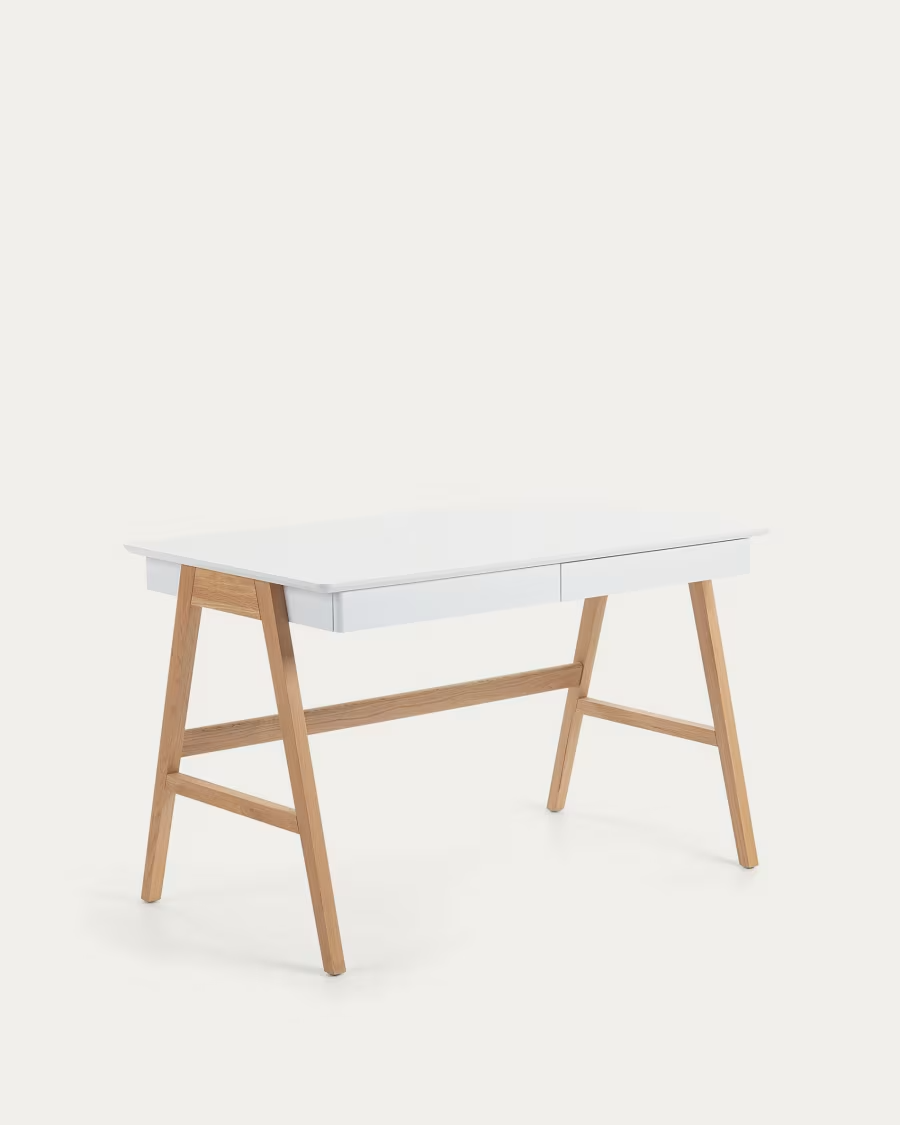 Kave Home Dyana desk in MDF with white lacquer and solid ash wood legs, 120 x 60