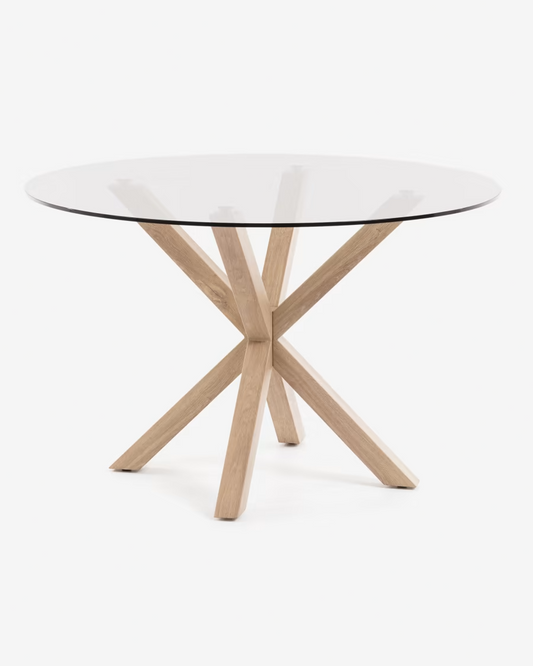 Kave Home Argo round glass table with steel legs - wood-effect finish Ø 119 cm