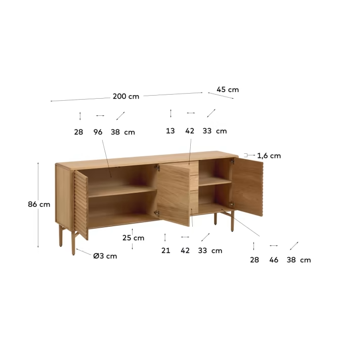 Kave Home Lenon oak wood and veneer sideboard with 3 doors & 3 drawers, 200 x 86