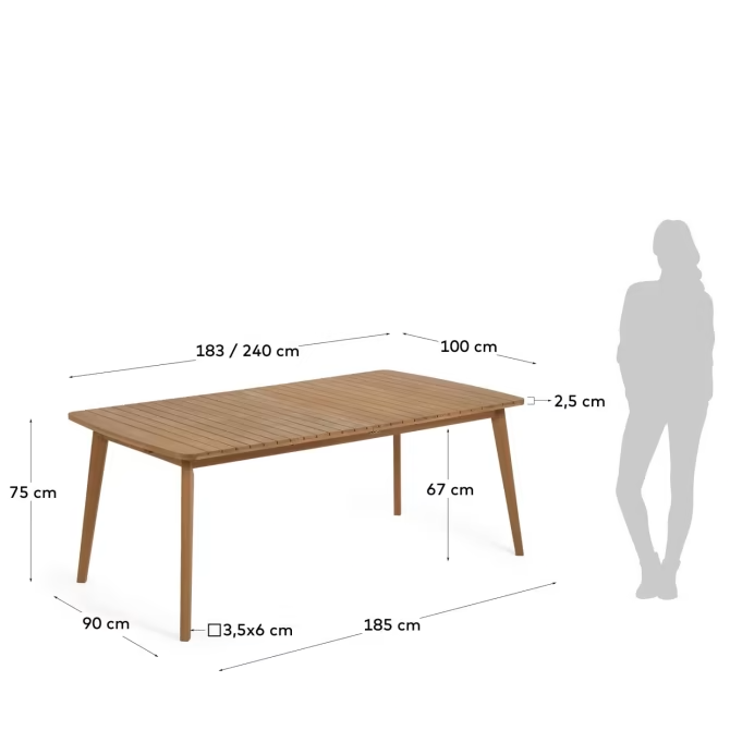 Kave Home Hanzel extendable garden table in solid eucalyptus, 183 (240) x 100 cm